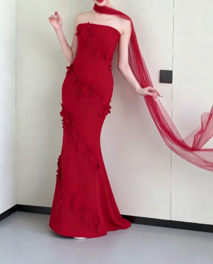Alluring Strapless Red Prom Dress With Scarf Appliques Mermaid Evening Dress GG6294