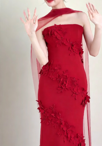 Alluring Strapless Red Prom Dress With Scarf Appliques Mermaid Evening Dress GG6294