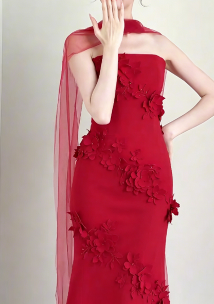 Alluring Strapless Red Prom Dress With Scarf Appliques Mermaid Evening Dress GG6294