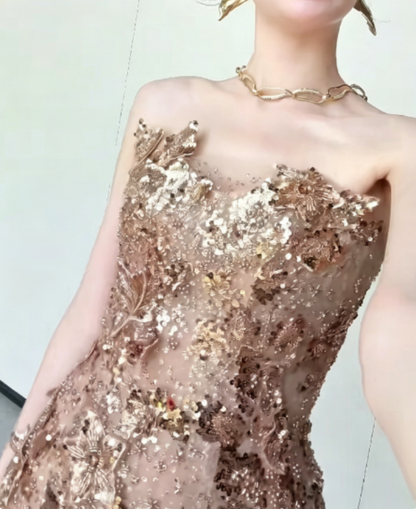 Glittering Strapless Gold Prom Dress Appliques Sequins Mermaid Evening Dress GG6295
