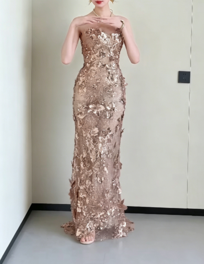 Glittering Strapless Gold Prom Dress Appliques Sequins Mermaid Evening Dress GG6295