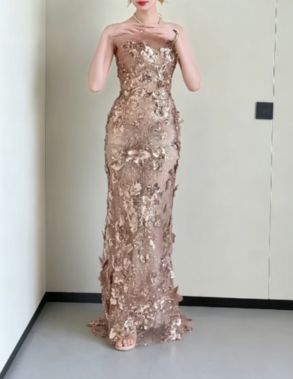 Glittering Strapless Gold Prom Dress Appliques Sequins Mermaid Evening Dress GG6295