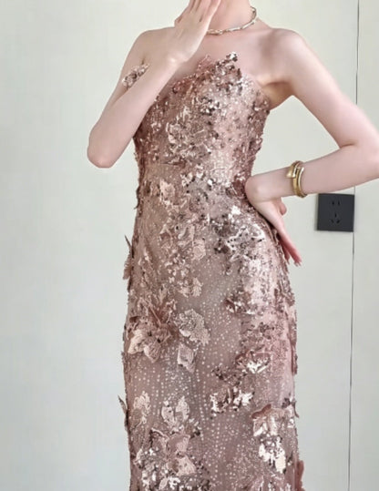 Glittering Strapless Gold Prom Dress Appliques Sequins Mermaid Evening Dress GG6295