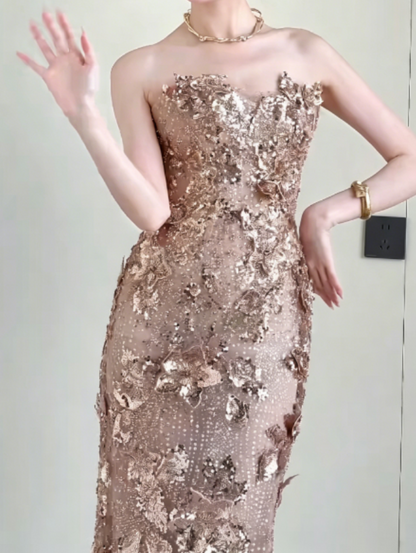 Glittering Strapless Gold Prom Dress Appliques Sequins Mermaid Evening Dress GG6295