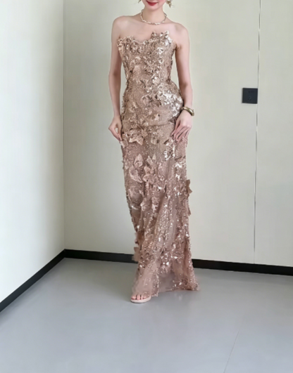 Glittering Strapless Gold Prom Dress Appliques Sequins Mermaid Evening Dress GG6295