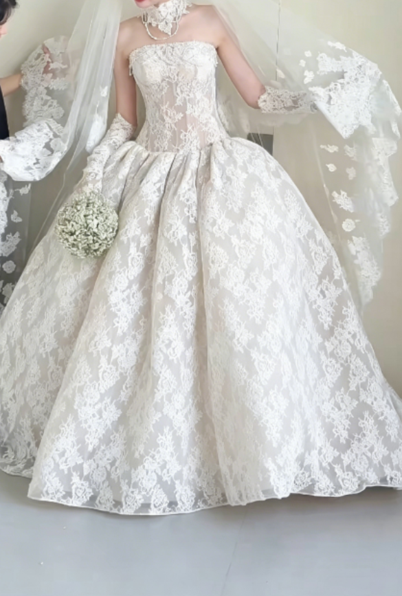 Graceful Strapless White Wedding Dress Lace Tulle A-Line Bridal Dress GG6296