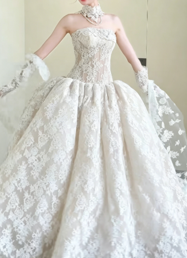 Graceful Strapless White Wedding Dress Lace Tulle A-Line Bridal Dress GG6296