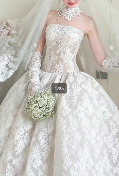 Graceful Strapless White Wedding Dress Lace Tulle A-Line Bridal Dress GG6296