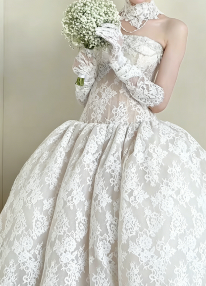 Graceful Strapless White Wedding Dress Lace Tulle A-Line Bridal Dress GG6296