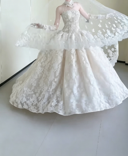 Graceful Strapless White Wedding Dress Lace Tulle A-Line Bridal Dress GG6296