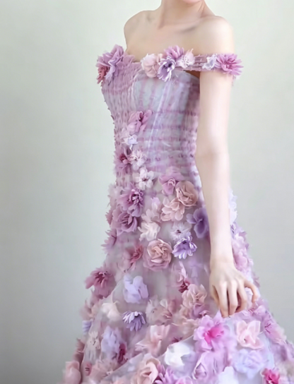 Dreamy Off-Shoulder Purple Prom Dress 3D Appliques Mermaid Evening Dress GG6297
