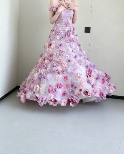 Dreamy Off-Shoulder Purple Prom Dress 3D Appliques Mermaid Evening Dress GG6297