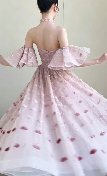 Sweet Strapless Pink Prom Dress With Sleeves Sequins A-Line Evening Dress GG6300