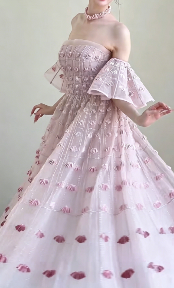 Sweet Strapless Pink Prom Dress With Sleeves Sequins A-Line Evening Dress GG6300