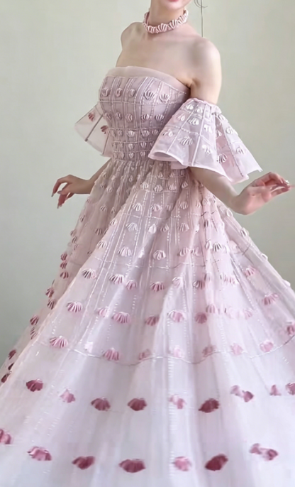 Sweet Strapless Pink Prom Dress With Sleeves Sequins A-Line Evening Dress GG6300