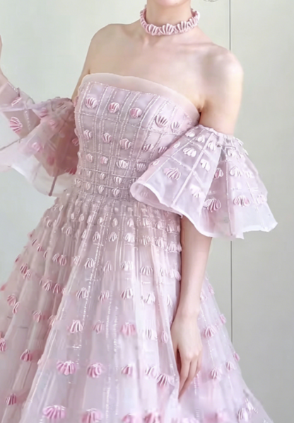 Sweet Strapless Pink Prom Dress With Sleeves Sequins A-Line Evening Dress GG6300