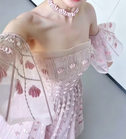 Sweet Strapless Pink Prom Dress With Sleeves Sequins A-Line Evening Dress GG6300