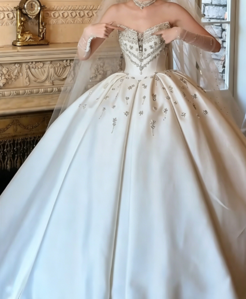 Chic Beaded Satin Wedding Dress White Strapless A-Line Bridal Dress GG6304