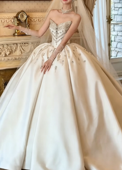 Chic Beaded Satin Wedding Dress White Strapless A-Line Bridal Dress GG6304