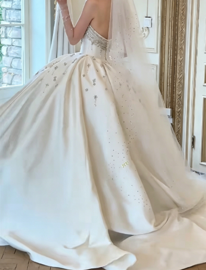 Chic Beaded Satin Wedding Dress White Strapless A-Line Bridal Dress GG6304