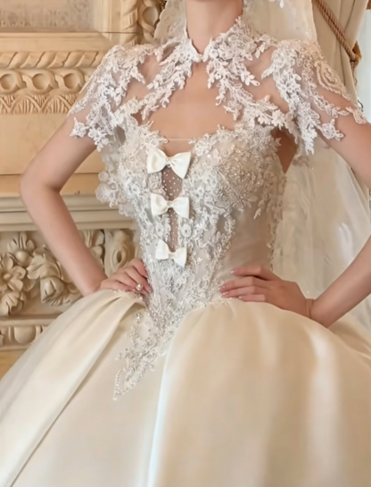 Luxury Strapless Beaded Wedding Dress Bows Satin A-Line Bridal Dress GG6305