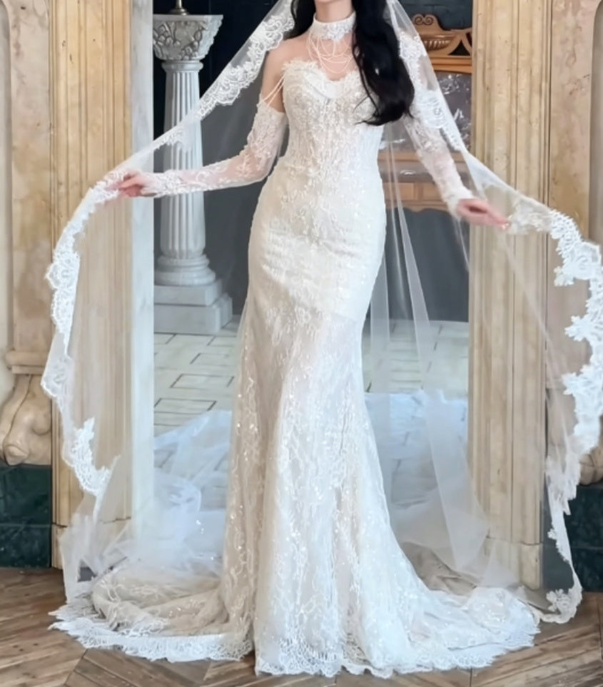 Trendy Off-Shoulder Lace Wedding Dress With Sleeves Sequins Mermaid Bridal Dress GG6309
