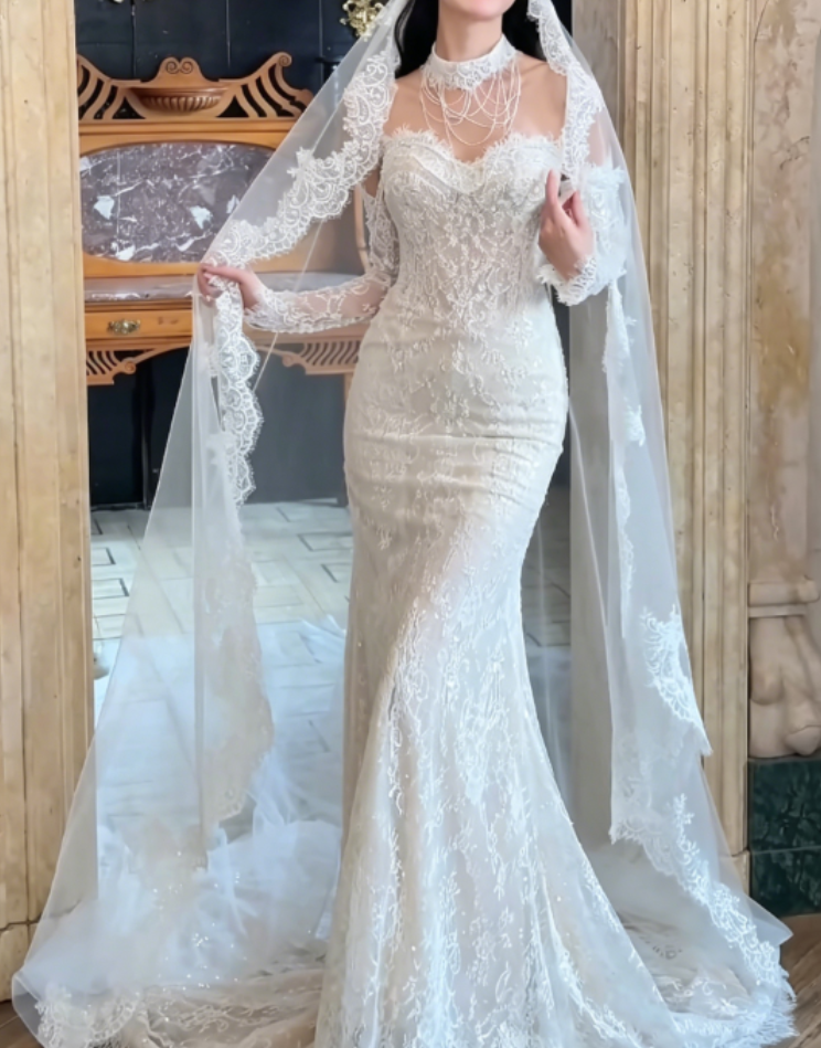 Trendy Off-Shoulder Lace Wedding Dress With Sleeves Sequins Mermaid Bridal Dress GG6309