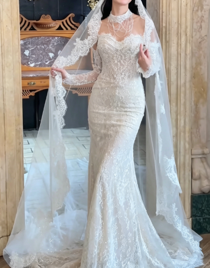 Trendy Off-Shoulder Lace Wedding Dress With Sleeves Sequins Mermaid Bridal Dress GG6309