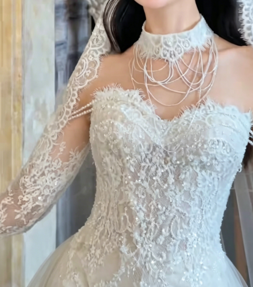 Trendy Off-Shoulder Lace Wedding Dress With Sleeves Sequins Mermaid Bridal Dress GG6309