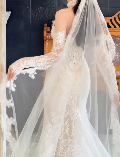 Trendy Off-Shoulder Lace Wedding Dress With Sleeves Sequins Mermaid Bridal Dress GG6309