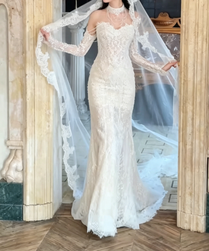 Trendy Off-Shoulder Lace Wedding Dress With Sleeves Sequins Mermaid Bridal Dress GG6309
