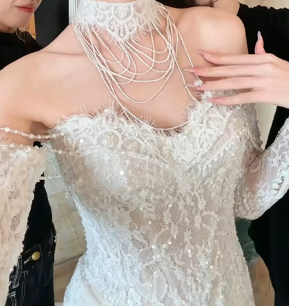 Trendy Off-Shoulder Lace Wedding Dress With Sleeves Sequins Mermaid Bridal Dress GG6309