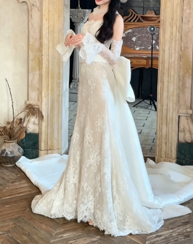 Charming Strapless Lace Wedding Dress With Sleeves Bow Train Mermaid Bridal Dress GG6312