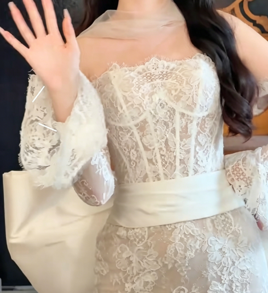 Charming Strapless Lace Wedding Dress With Sleeves Bow Train Mermaid Bridal Dress GG6312