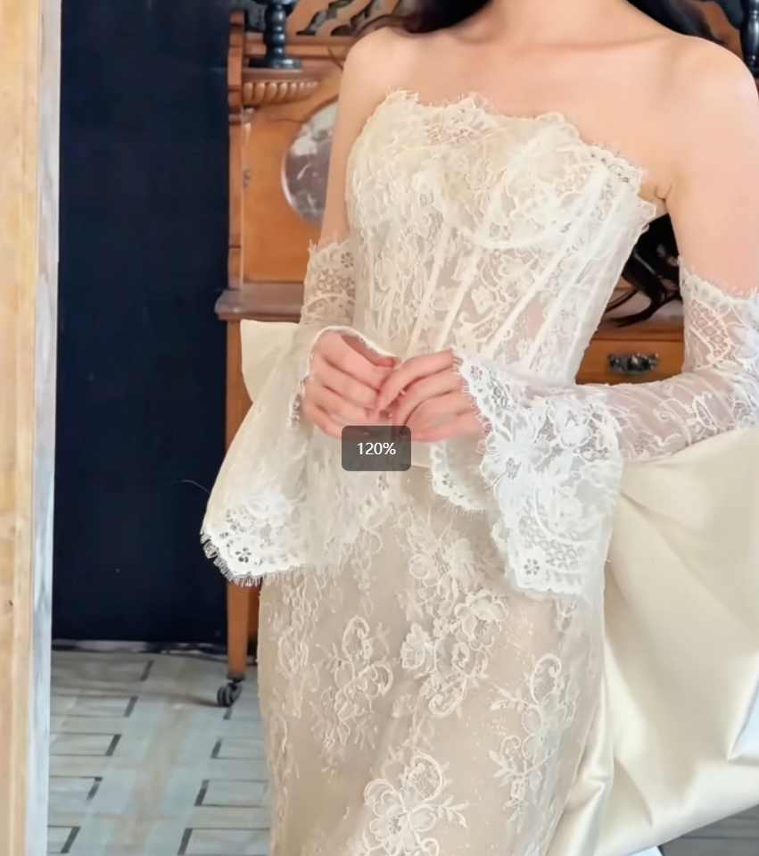 Charming Strapless Lace Wedding Dress With Sleeves Bow Train Mermaid Bridal Dress GG6312