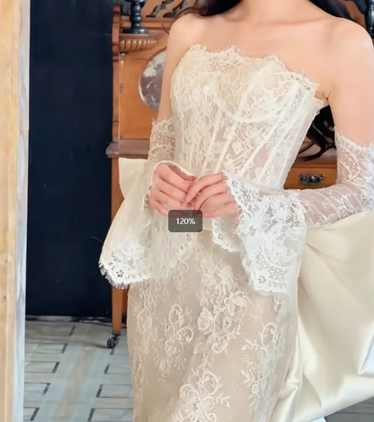 Charming Strapless Lace Wedding Dress With Sleeves Bow Train Mermaid Bridal Dress GG6312