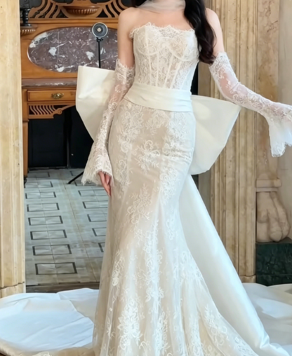 Charming Strapless Lace Wedding Dress With Sleeves Bow Train Mermaid Bridal Dress GG6312