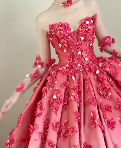 Sweet Strapless Gradient Pink Prom Dress Appliques Rhinestones A-Line Evening Dress GG6316