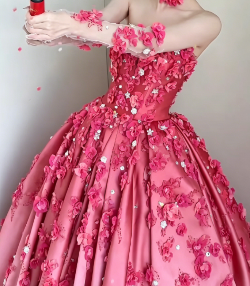 Sweet Strapless Gradient Pink Prom Dress Appliques Rhinestones A-Line Evening Dress GG6316