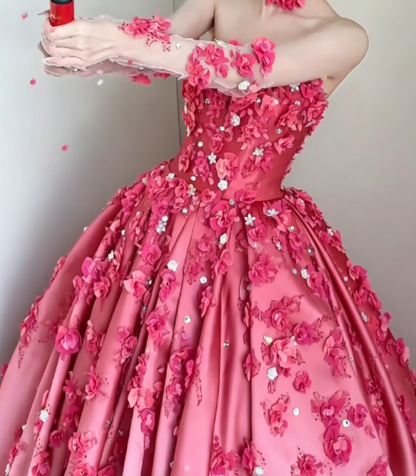 Sweet Strapless Gradient Pink Prom Dress Appliques Rhinestones A-Line Evening Dress GG6316