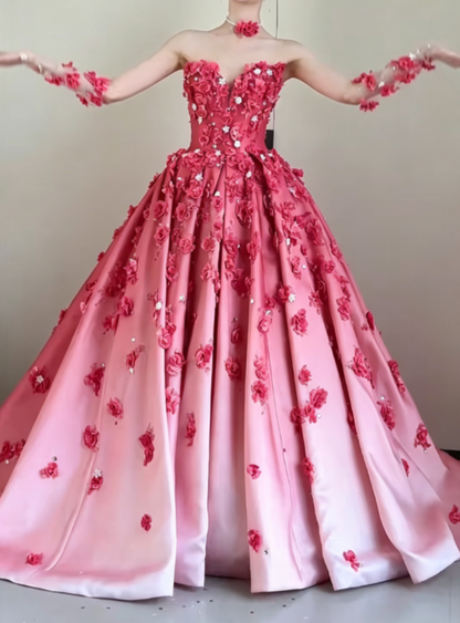 Sweet Strapless Gradient Pink Prom Dress Appliques Rhinestones A-Line Evening Dress GG6316