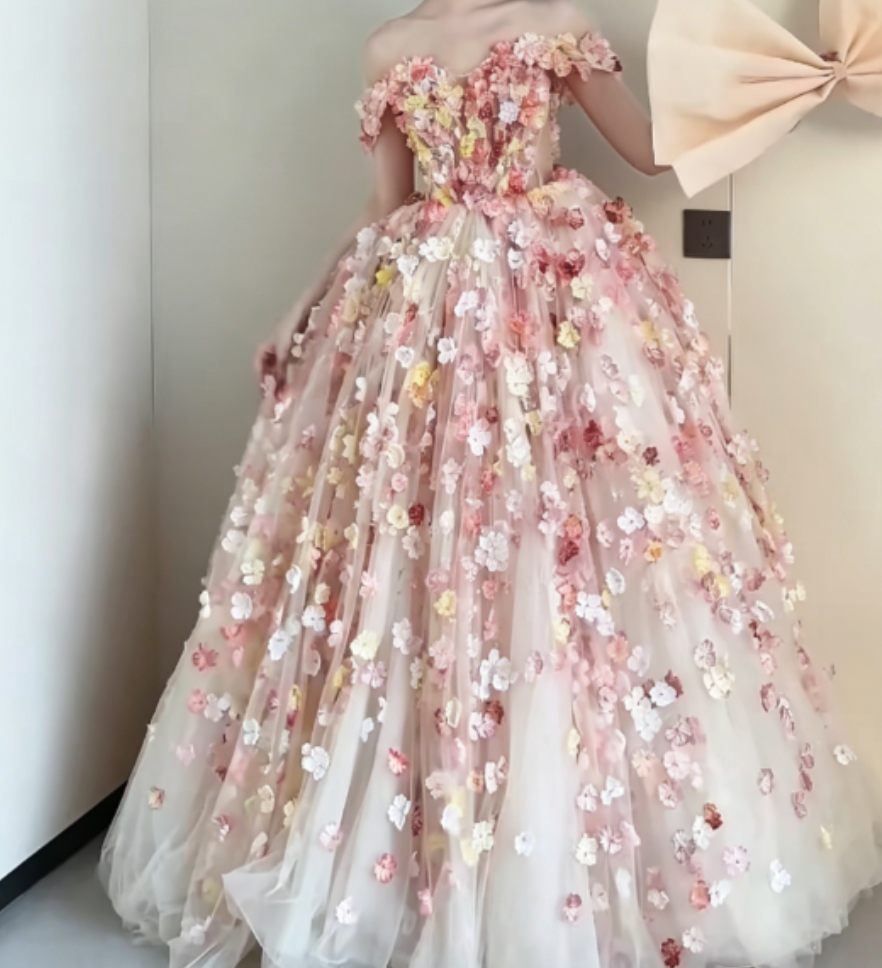 Chic Off-Shoulder Pastel Pink Prom Dress 3D Appliques Beads A-Line Evening Dress GG6321
