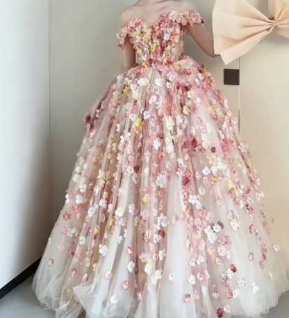 Chic Off-Shoulder Pastel Pink Prom Dress 3D Appliques Beads A-Line Evening Dress GG6321