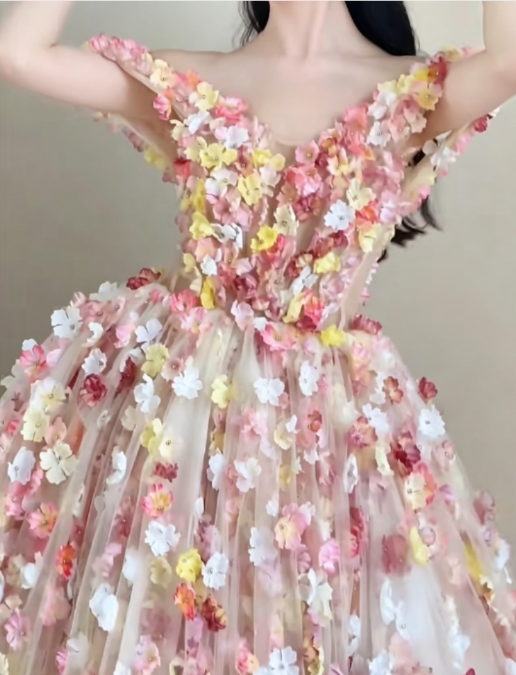 Chic Off-Shoulder Pastel Pink Prom Dress 3D Appliques Beads A-Line Evening Dress GG6321