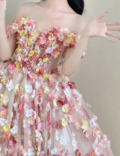 Chic Off-Shoulder Pastel Pink Prom Dress 3D Appliques Beads A-Line Evening Dress GG6321