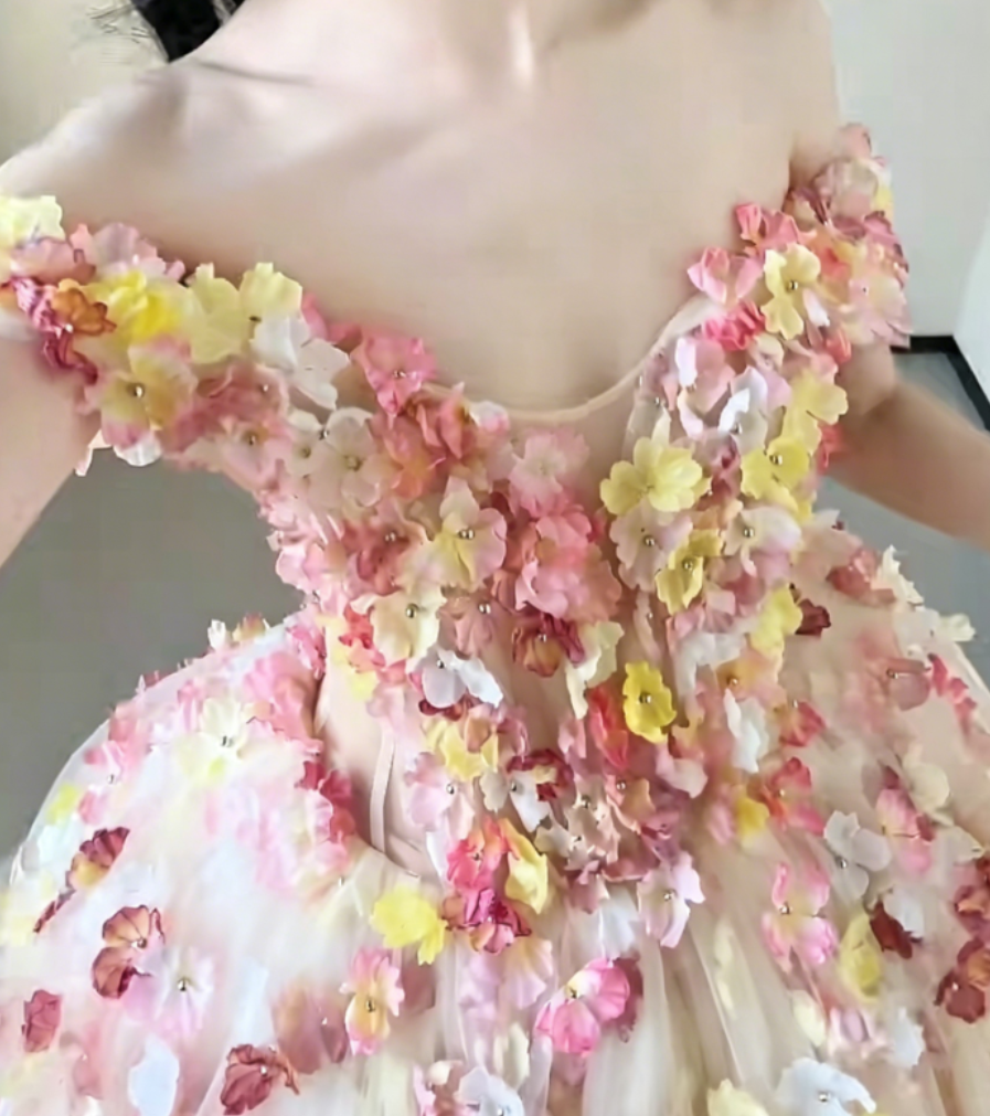 Chic Off-Shoulder Pastel Pink Prom Dress 3D Appliques Beads A-Line Evening Dress GG6321