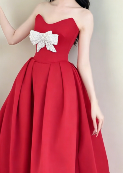 Unique Strapless Red Prom Dress Beaded Bow A-Line Evening Dress GG6323