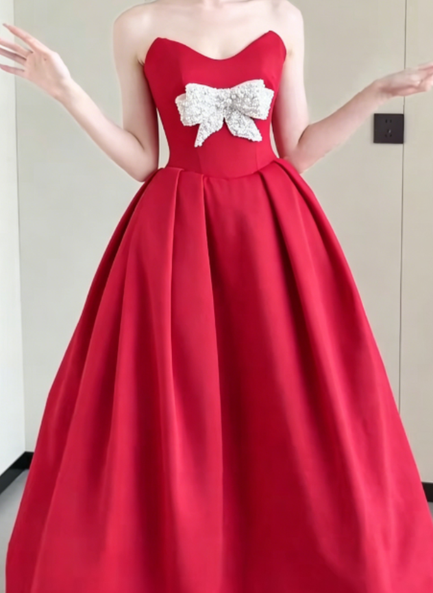 Unique Strapless Red Prom Dress Beaded Bow A-Line Evening Dress GG6323