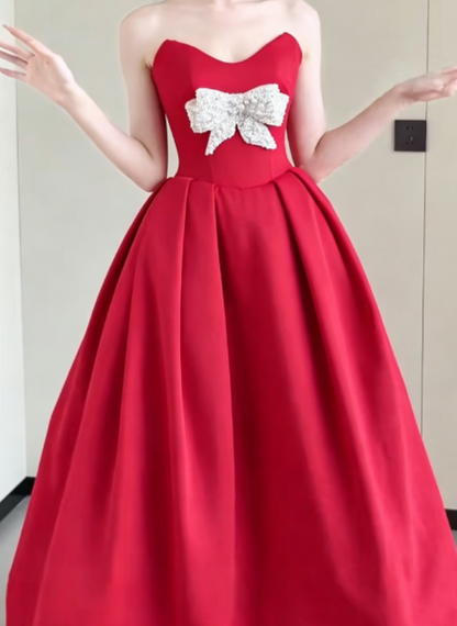 Unique Strapless Red Prom Dress Beaded Bow A-Line Evening Dress GG6323