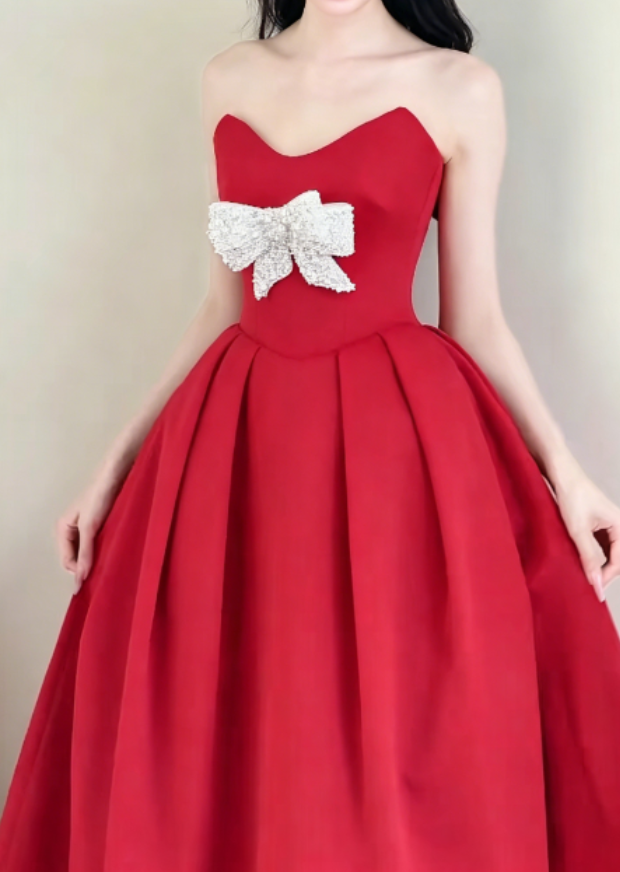 Unique Strapless Red Prom Dress Beaded Bow A-Line Evening Dress GG6323